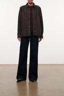 Myles shirt jacket in dark brown with leopard print, button front, point collar