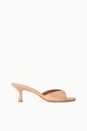 Cashew open-toe leather mule with mid block heel and crossover strap