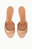 Cashew open-toe leather mule pair with two-strap upper and textured footbed