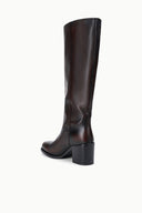 Knee-high dark leather boots with block heel and stitched upper seam