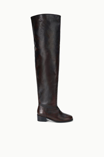 Over-the-knee boots, dark espresso distressed leather, rounded toe, low block heel