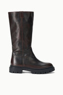 Tall distressed leather boots in espresso brown with side seam and chunky lug sole