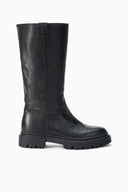 Black tall leather boot front view with side pull tab and lug sole