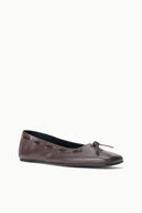 Espresso brown ballet flat with stitched trim and bow at the toe, side profile.