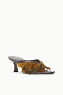 Espresso brown kitten-heel mules with faux fur fringe across the upper