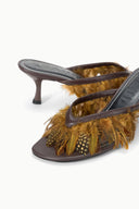 Espresso brown mule showing fur-trim strap and kitten heel detail
