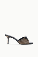 Black distressed mule sandal with thin heel and open toe