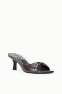 Espresso snake-print slide mule with open toe and braided knot accent