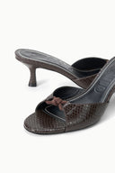 Espresso snake-print mule pair, open toe, braided bow detail on vamp