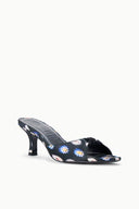 Black floral mule with low kitten heel, open toe and slip-on back