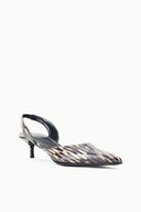 Slingback pointed-toe heel with black-and-beige quill-pattern upper