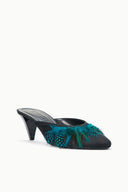 Black mule with teal feather detail on the upper, side view, low heel