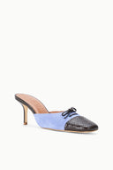 FAYE mule in light blue suede with dark textured toe and lace bow, slim heel