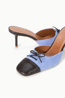 FAYE mule light blue suede with dark textured front, lace bow, tan insole, stiletto heel