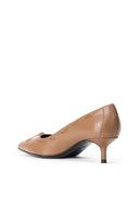 Tan leather kitten heel pump with pointed toe and side seam detail
