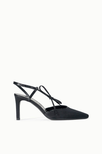 Black pointed-toe heeled sandal with ankle tie straps and back harness