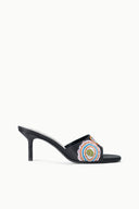 Black heeled mule with colorful millefiori bead embroidery, open toe, side view