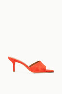Orange suede open-toe mule with slim stiletto heel and simple slip-on upper.
