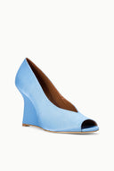 Sky-blue peep-toe wedge heels, side view with open toe and low wedge heel