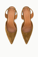 Tan-brown suede slingback heels with pointed toe and T-strap, leather lining
