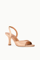 Cashew open-toe heeled sandal with slingback strap and stacked curved heel