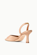 Cashew open-toe heeled mule sandal with back ankle strap and curved heel