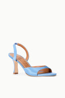Light blue satin slingback heeled sandals, side view with open toe