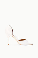 White pointed-toe stiletto heeled sandal with open back and slim straps