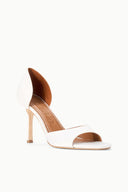 White pointed-toe stiletto heeled sandal with open back and V-cut upper