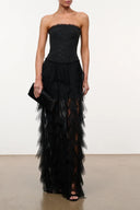 Black strapless corset bodice tiered tulle maxi dress with layered ruffle skirt