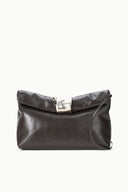 Espresso leather cuff clutch with curved top and metal clasp
