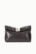 Espresso leather cuff clutch front view with curved top clasp