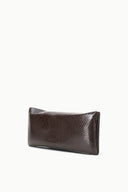 EVE clutch, dark brown snake-textured exterior, side profile with slim flap
