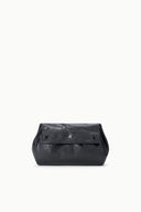 Black convertible bag with flat top flap and magnetic clasp, front view