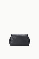 Black convertible bag back with centered embossed logo and curved silhouette