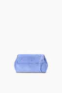 Light blue convertible bag with front flap and top handle, small clasp detail