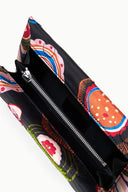 Black clutch with open zipper and vivid paisley interior fabric, Millefiore 2.0.