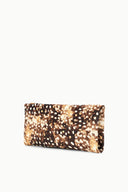 Fawn haircalf clutch with brown-and-tan speckled print on a folded front