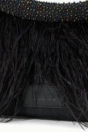 Black fringed handbag with jeweled bead band and leather logo patch