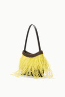 Yellow shaggy fringe mini tote bag with dark beaded trim and arched top handle.