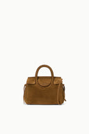 Cigar-brown mini carryall handbag with curved top handles and snap-front pocket.
