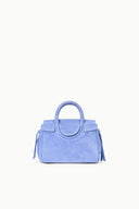Light blue mini carryall handbag with top handles and subtle side tassel details