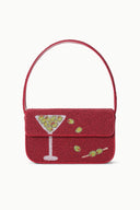 Red beaded handbag with top handle and front flap featuring a cocktail glass motif