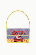 TOMMY beaded bag front view, yellow handle, red phone graphic on blue textured base.