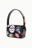 Black beaded handbag side view with flap, colorful round bead motif and top handle