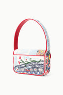 Beaded mini bag with red top handles and multicolor scene pattern, front flap