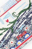 Beaded pattern close-up with green and blue details, red trim edge