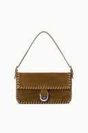 Cigar-brown suede shoulder handbag with top handles, fringe trim, and buckle flap