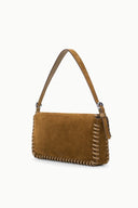 Cigar-brown suede handbag with shoulder strap, fringed edge, and stitched detailing