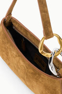 Cigar suede hobo bag interior with top zipper and stitched leather lining